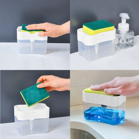 Dozator Flippy, Dispenser 2 in 1 pentru Detergent Lichid de Vase sau pentru Obiecte Sanitare cu Suport pentru Burete de Bucatarie ,14 x 10.5 x 10 cm, capacitate 380 ml, alb