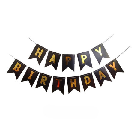 Banner Happy Birthday 100x200 cm, Flippy, Dimensiune Stegulet 11.5x16.5 cm, Rola de Ata Inclusa, Negru