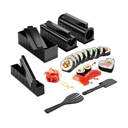 Set ustensile pentru facut sushi Flippy, 10 piese, forma inima inclus, 3 forme clasice, extensibil, finisaj lucios, material ABS, curatare usoara, negru