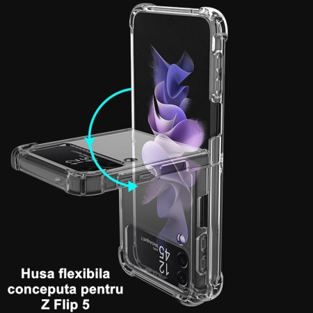 Husa de protectie Flippy compatibila cu Samsung Z Flip 5, MagSafe Blister, gaura mare camera, transparenta