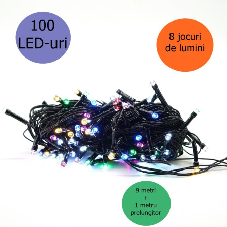 Instalatie de Craciun liniara Yoto, 10 m, din care 1 m cablu priza 220V, 100 LED, 8 jocuri de lumini, controler, fir negru, multicolor