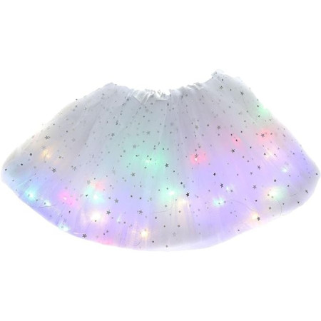 Fusta LED pentru Copii, Flippy, Tutu de Balet pentru Fetite cu Luminite Multicolore Incorporate, Model Stelute, 30 cm Lungime, Alb