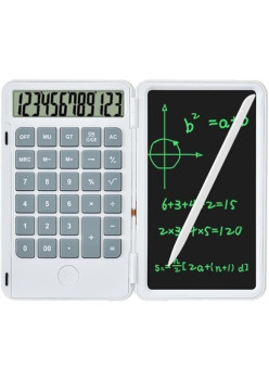 Calculator de Mana Reincarcabil cu Tabla de Scris, Flippy, Calculator Portabil, Ecran LCD, Afisaj cu 12 Cifre, Ecran de 15 cm, Culoare Alb