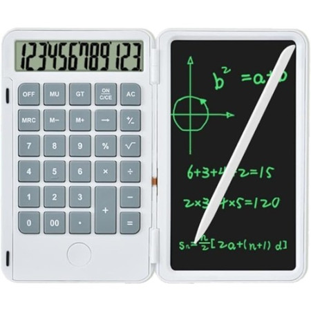 Calculator de Mana Reincarcabil cu Tabla de Scris, Flippy, Calculator Portabil, Ecran LCD, Afisaj cu 12 Cifre, Ecran de 15 cm, Culoare Alb