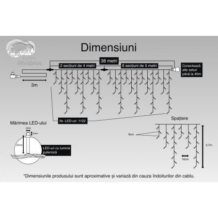 Instalatie Craciun, 38 m, 1122 Led-uri ,Franjuri, Alb cald, Flash, Transformator, Interconectabila, Prelungitor 3 m inclus, Fir Negru, Flippy