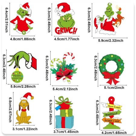 Set 18 Decoratiuni de Craciun din Lemn, Flippy, cu Snur pentru Agatare in Brad, Model Grinch, Diferite Dimensiuni, Multicolor