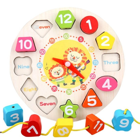 Jucarie Educativa Flippy, Tip Montessori, Model Ceas Leu, din Lemn, + 36 Luni, 12 Piese, 17 cm, Multicolor