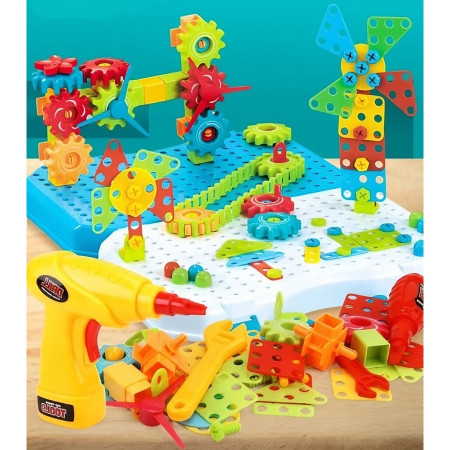 Set Constructie Bormasina Magica cu Servieta, Flippy, 310 Piese, Albastru, Piese Multicolore, Plastic, 31x46 cm