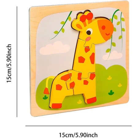 Puzzle Montessori din Lemn pentru Copii, Flippy, 3D, 0-3 Ani, Model Girafa, Educativ, Intuitiv, Creativ, 4 Piese, 15x15x0.5 cm, Multicolor