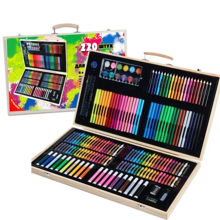 Set 220 Piese pentru Desen si Pictura, Flippy, Tip Servieta din Lemn, Model Natur, 48 x 30 x 5 cm, Multicolor