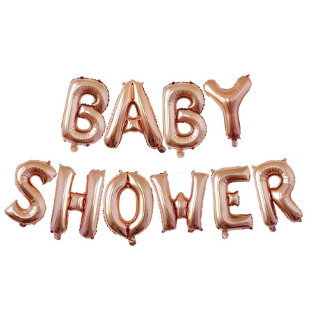 Set Baloane din Folie Metalizata, Flippy, Model Baby Shower, Litere de 40 cm, Baloane Party, Ambalaj Individual, Pai, Ata si Adeziv Incluse, Umflare cu Aer sau Heliu, Rose Gold