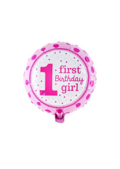 Balon din Folie Metalizata, Flippy, Prima Aniversare, Model First Birthday Girl, 45 cm, Ambalaj Individual, Pai Inclus, Umflare cu Aer sau Heliu, Roz