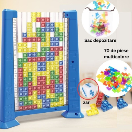 Joc de inteligenta Tetris puzzle tangram Flippy, 70 de piese multicolore, 3D, montessori, interactiv, din plastic, zar inclus, sac depozitare piese, varsta peste 6 ani, 23 x 19.8 x 5 cm, cadru albastru