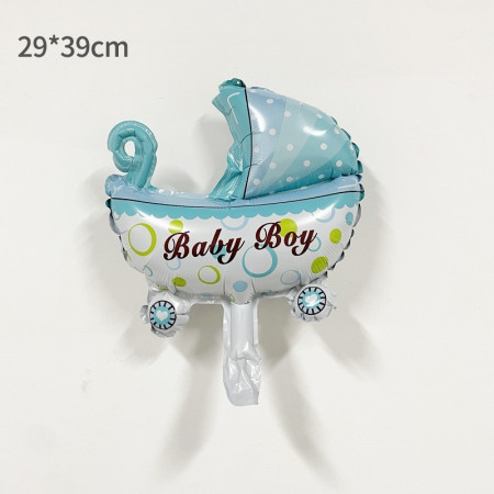 Balon din Folie Metalizata, Flippy, Mini Figurina, Model Carucior Bebelus, Tematica Gender Reveal, 39x29 cm, Ambalaj Individual, Pai Inclus, Umflare cu Aer sau Heliu, Albastru