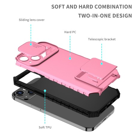 Husa Defender cu Stand pentru iPhone 12 Pro, Roz, Suport reglabil, Antisoc, Protectie glisanta pentru camera, Flippy