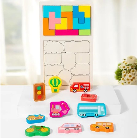 Puzzle Montessori din Lemn pentru Copii, Flippy, Tip Tetris 2in1, +3 Ani, cu Masini Colorate 3D, Educativ, Intuitiv, Creativ, 21 de Piese, 28.5x17x1.2 cm, Multicolor