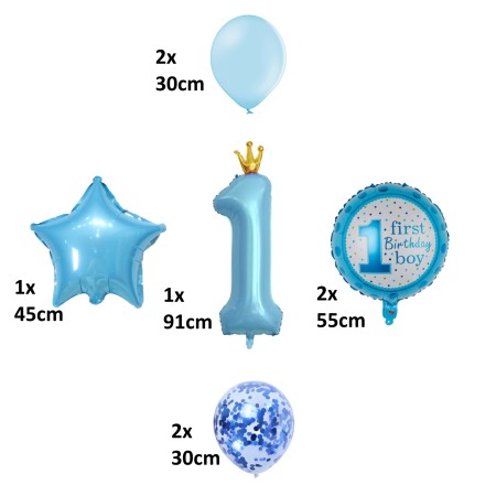 Set 8 Baloane din Folie Metalizată si din Latex, Flippy, Figurine Cifra 1 Printesa 91cm, Stea 45 cm si Cerc 55 cm, Baloane Latex 30 cm, Tema Prima Aniversare, Ambalaj Individual, Pai Inclus, Umflare cu Aer sau Heliu, Albastru