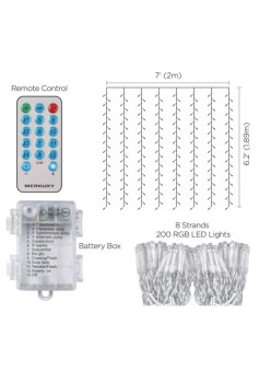 Instalatie Liniara tip Perdea 2 x 2 M, 200 LED-uri cu Baterii, Telecomanda cu 8 Jocuri de Lumini, 12.5, Multicolor