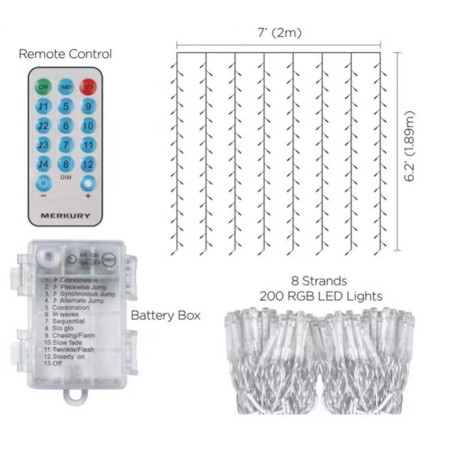 Instalatie Liniara tip Perdea 2 x 2 M, 200 LED-uri cu Baterii, Telecomanda cu 8 Jocuri de Lumini, 12.5, Multicolor