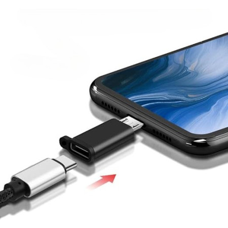 Adaptor USB-C la Micro USB, Flippy, cu Snur pentru Prindere la Chei, 2.7x1.1x0.6cm, Negru