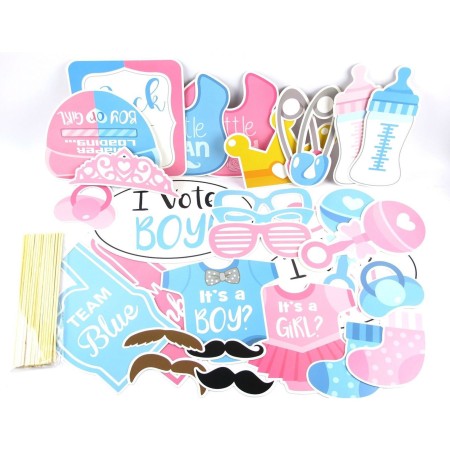 Set 43 de Accesorii pentru Petrecere, Flippy, Props pentru Coltul de Poze, Gender Reveal, Tematica Baby Shower, Albastru-Roz