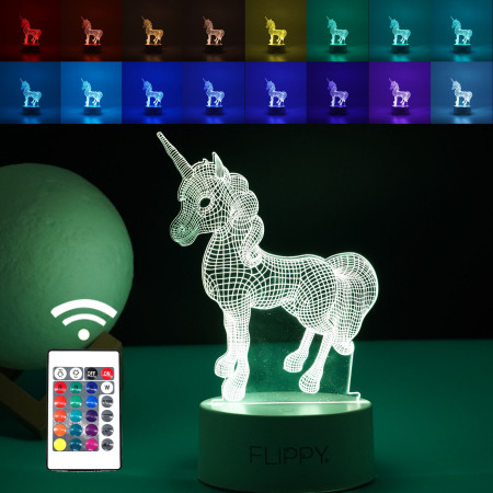 Lampa LED decorativa, Flippy, 3D, Unicorn, cu USB si baterii, 20 cm inaltime, din material acril, lumina multicolora si telecomanda inclusa, alb