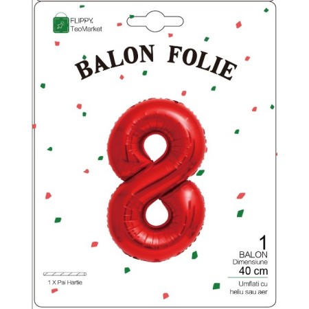 Balon din Folie Metalizata Flippy, Figurina Cifra, Tema Aniversare 40 cm, Ambalaj Individual, Pai inclus, Umflare cu Aer sau Heliu, Rosu, Cifra 8