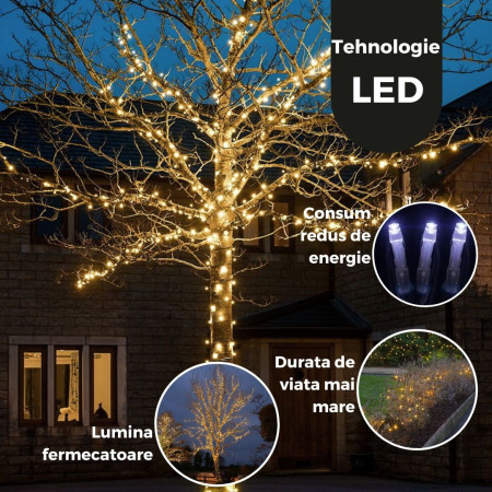 Instalatie de Craciun Liniara Yoto, 50 m, 1 m Prelungitor 220V, 498 LED, 8 Jocuri de Lumini, Controler, Fir Negru, Utilizare Interior/Exterior, Protectie anti-inghet, Fir Cupru, Alb Cald