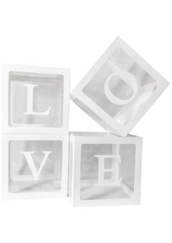 Set 4 Cutii pentru Baloane, Flippy, Model Scris Love, Tematica Iubire, Cuburi Decorative din Plastic, Accesorii pentru Petrecere, 30 x30 cm, Transparente Contur Alb