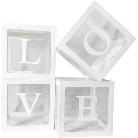 Set 4 Cutii pentru Baloane, Flippy, Model Scris Love, Tematica Iubire, Cuburi Decorative din Plastic, Accesorii pentru Petrecere, 30 x30 cm, Transparente Contur Alb