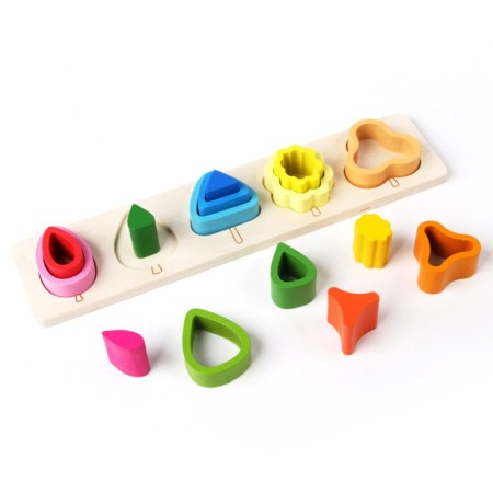 Jucarie Montessori din Lemn, Flippy, Tip Puzzle, cu 5 Forme Asimetrice, 15 Piese, Educativa, Interactiva, Creativa, Model Copaci, Materiale Non Toxice, pentru Copii peste 2 Ani, Baza 29x6.5 cm, Multicolor