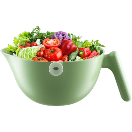 Bol cu Doua Straturi, Flippy, pentru Fructe, Legume, cu Cos de Scurgere a Apei, 2L, din ABS+PP, 29.9 x 22.5 x 11.8 cm, Verde-Alb