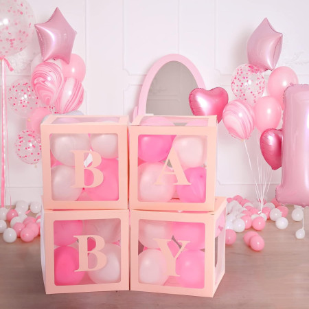 Set 4 Cutii pentru Baloane, Flippy, Model Scris Baby, Tematica Iubire, Cuburi Decorative din Plastic, Accesorii pentru Petrecere, 30 x30 cm, Transparente Contur Roz