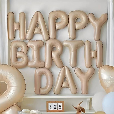 Set 25 de Baloane din Folie Metalizata si Latex, Flippy, Figurine 2 Stele, 4 Baloane Confetti, 13 Litere, 6 Latex, Model Happy Birthday, Tema Aniversare, 40 cm, Ambalaj Individual, Pai Inclus, Umflare cu Aer sau Heliu, Bej