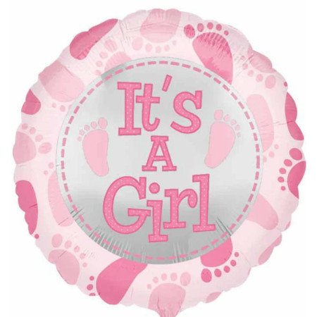 Balon din Folie Metalizata, Flippy, Figurina Rotunda, Model It's a Girl, Tema Gender Reveal, 45 cm, Ambalaj Individual, Pai Inclus, Umflare cu Aer sau Heliu, Roz