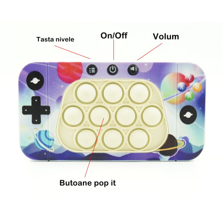 Jucarie interactiva tip consola pentru copii Flippy, speed push whack-a-mole, joc de viteza pop it, material ABS/silicon, cu nivele, sunete si lumini, 15.5 x 7.6 x 5.3 cm, model spatiu, multicolor