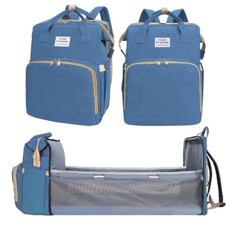 Rucsac Multifunctional pentru Mamici, Flippy, cu Patut Pliabil si Baza de Schimbat, Rezistent la Apa, Capacitate Mare, Usor, Compartimente Multiple, Buzunar Termic pentru Lapte, 42 x 32 x 22 cm, Albastru Deschis