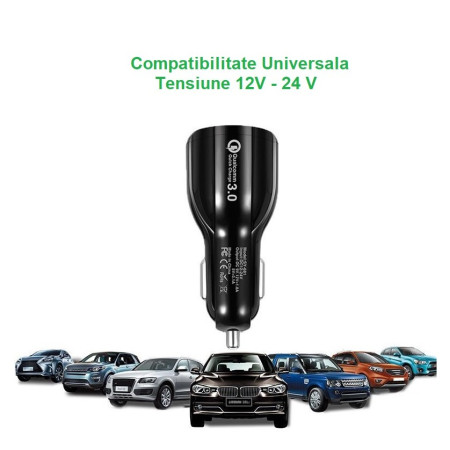 Incarcator Auto, Flippy, Pentru Bricheta, Incarcare Rapida, Interfata USB, 12V-24V, Negru