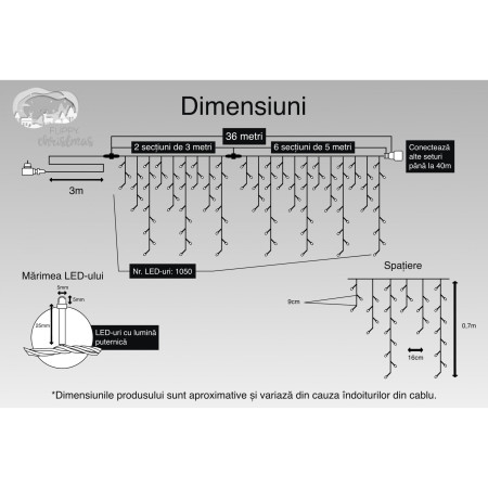 Instalatie Craciun, 10 m, 286 Led-uri ,Franjuri, Rosu / Verde/ Albastru, Flash, Transformator cu telecomanda, Interconectabila, Prelungitor 5 m inclus, Fir Alb, Flippy