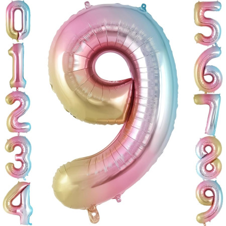 Balon din Folie Metalizata Gradient Flippy, Figurina Cifra, Tema Aniversare 100 cm, Ambalaj Individual, Pai inclus, Umflare cu Aer sau Heliu, Multicolor, Cifra 9