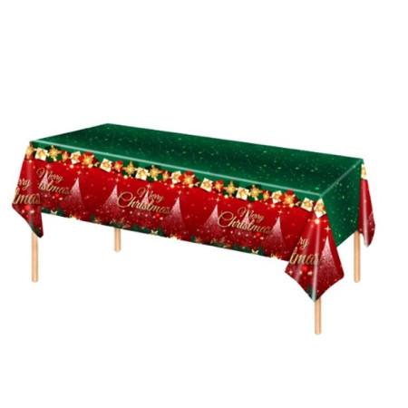 Fata de Masa Festiva, Flippy, Dreptunghiulara, Imprimeu Merry Christmas, Tema Craciun, Rezistenta la Apa, din PVC, 137 x 274 cm, Rosu/Verde