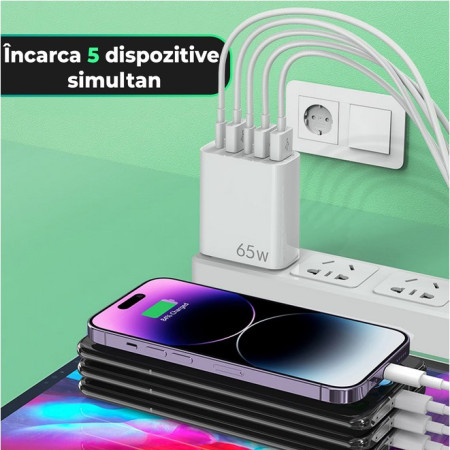 Incarcator Retea, Flippy, 5 Porturi, 65W Fast Charge, 3 x USB, 2 x Type-C, Universal Compatibil iPhone, Huawei, Samsung, Xiaomi, Alb