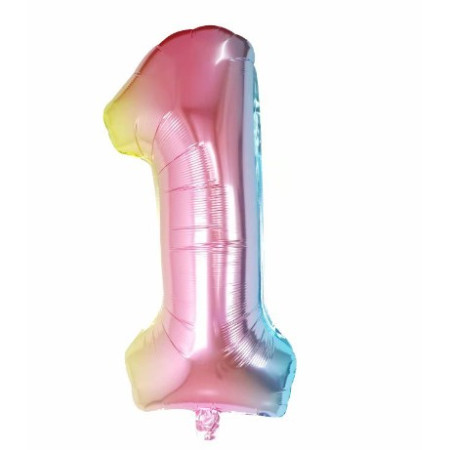 Balon din Folie Metalizata Flippy, Figurina Cifra Gradient, Tema Aniversare 40 cm, Ambalaj Individual, Pai inclus, Umflare cu Aer sau Heliu, Multicolor, Cifra 1