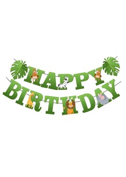 Banner Happy Birthday 100x200 cm, Flippy, Rola de Ata Inclusa, Tematica Jungle, Verde