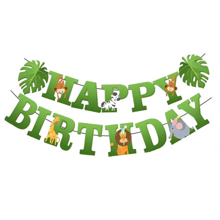 Banner Happy Birthday 100x200 cm, Flippy, Rola de Ata Inclusa, Tematica Jungle, Verde