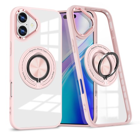 Husa de Protectie TPU, Flippy, pentru iPhone 16 Pro, Anticadere, cu Incarcare Wireless, Tehnologie Magsafe, Inel Magnetic Rotativ cu Functie de Suport, Transparent-Roz