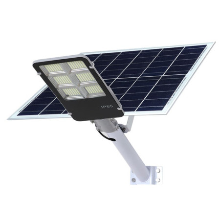 Lampa solara stradala Flippy, IP65, senzor de lumina, 100 LED-uri SMD, 7200 lm, panou 12W, putere 80W, autonomie 12-16 ore, telecomanda, montare prin fixare, pentru strada sau gradina, finisaj lucios, material ABS, 38.6 x 13.3 x 6.5 cm, lumina alb rece