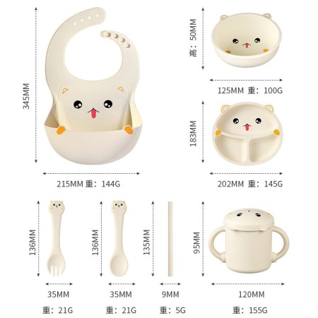 Set 7 piese diversificare bebelusi si copii din silicon Flippy, baveta, farfurie compartimentata cu ventuza, bol cu ventuza, tacamuri, cana, fara alergeni, Model Ursulet, Bej