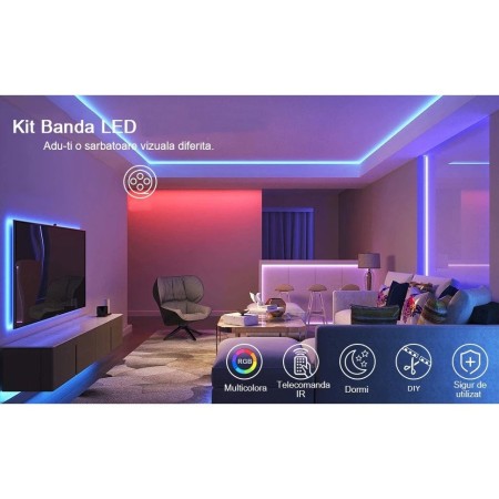 Kit Banda Led RGB SMD 5050 cu Transformator inclus Flippy - Lungime 5 M, 270 LED-uri, Telecomanda 44 taste, pentru TV, PC, Auto, IP65, Lumina Ambientala