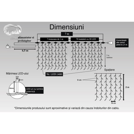 Instalatie Craciun Profesionala de Exterior IP65, Tip Perdea, 7m x 2m, 1400 Led-uri Mari, Alb rece, cu flash, Alimentator si prelungitor 6,5 m, Interconectabila, Fir negru, Flippy